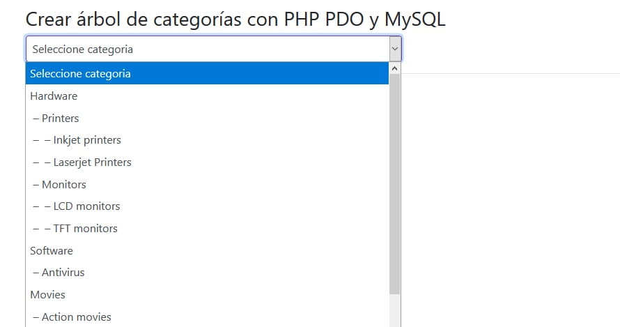 Crear árbol de categorías con PHP PDO y MySQL